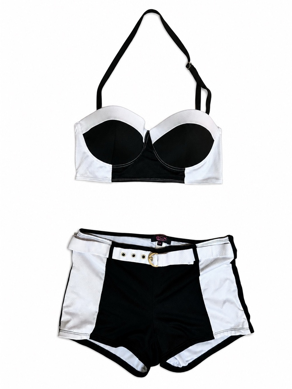 ACX Black & White Colourblock Retro Sweetheart Halterneck BoyShort Swimsuit L/XL